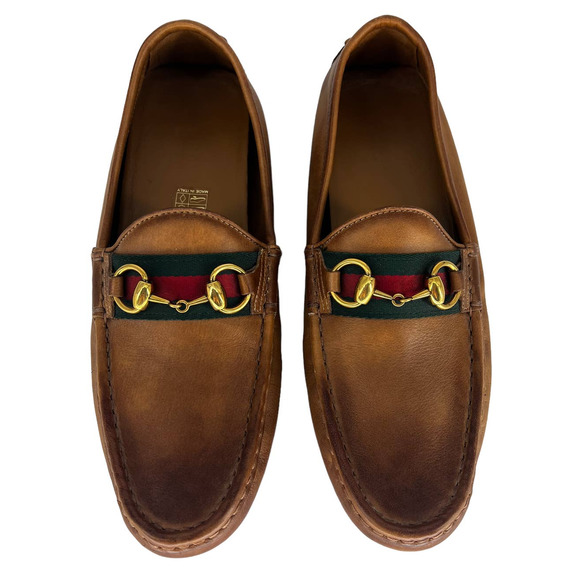 Gucci Web Horsebit Leather Driver Moccasins in Brown - Picture 8 of 16